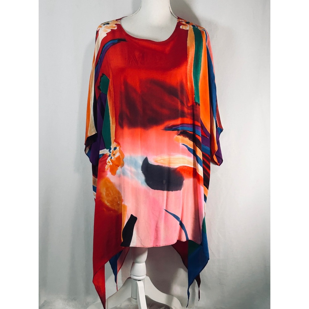 Dilemma New York Franz Marc Abstract‎ Print 100% Silk Sharkbite Tunic Top Red OS